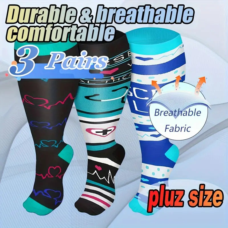 3 Pairs Unisex Nursing Wide Calf Compression Socks (20-30 mmHG