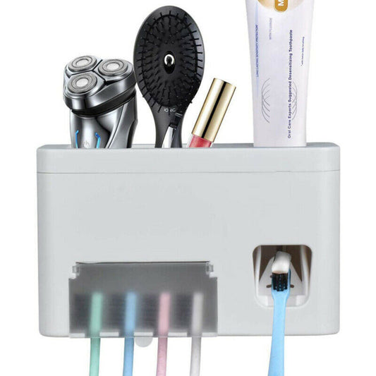 3 in 1 Wall Automatic Toothpaste Dispenser, Toothbrush Holder with Storage Grids