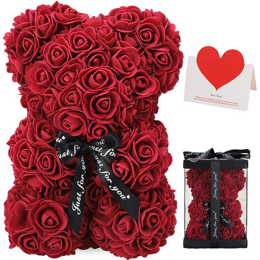 Rose Flower Bear w/Clear Gift Box 10 Inch (Red)