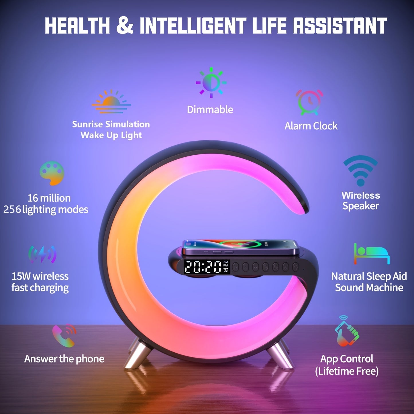 RGB Light Bar Smart Light Sunrise Alarm Clock; Dimmable Table Lamp With Fast Wireless Charger