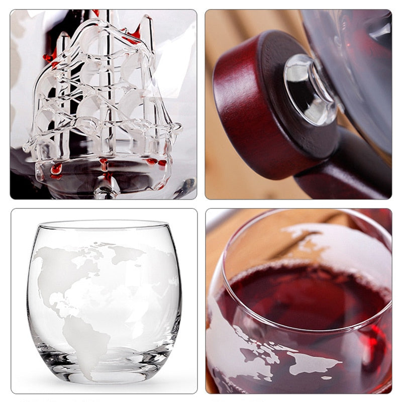 Whiskey Decanter Globe Wine Aerator Glass Set Sailboat Skull Inside Crystal with Fine Wood Stand Liquor Decanter for Vodka