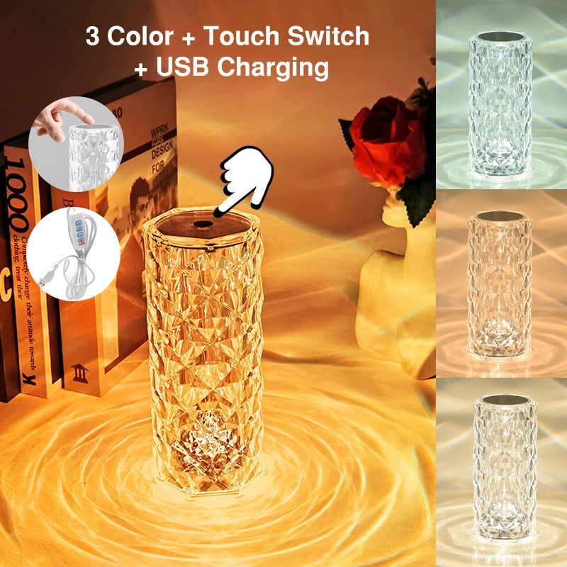 LED Crystal Table Lamp Rose Light Projector 3/16 Colors Touch Adjustable