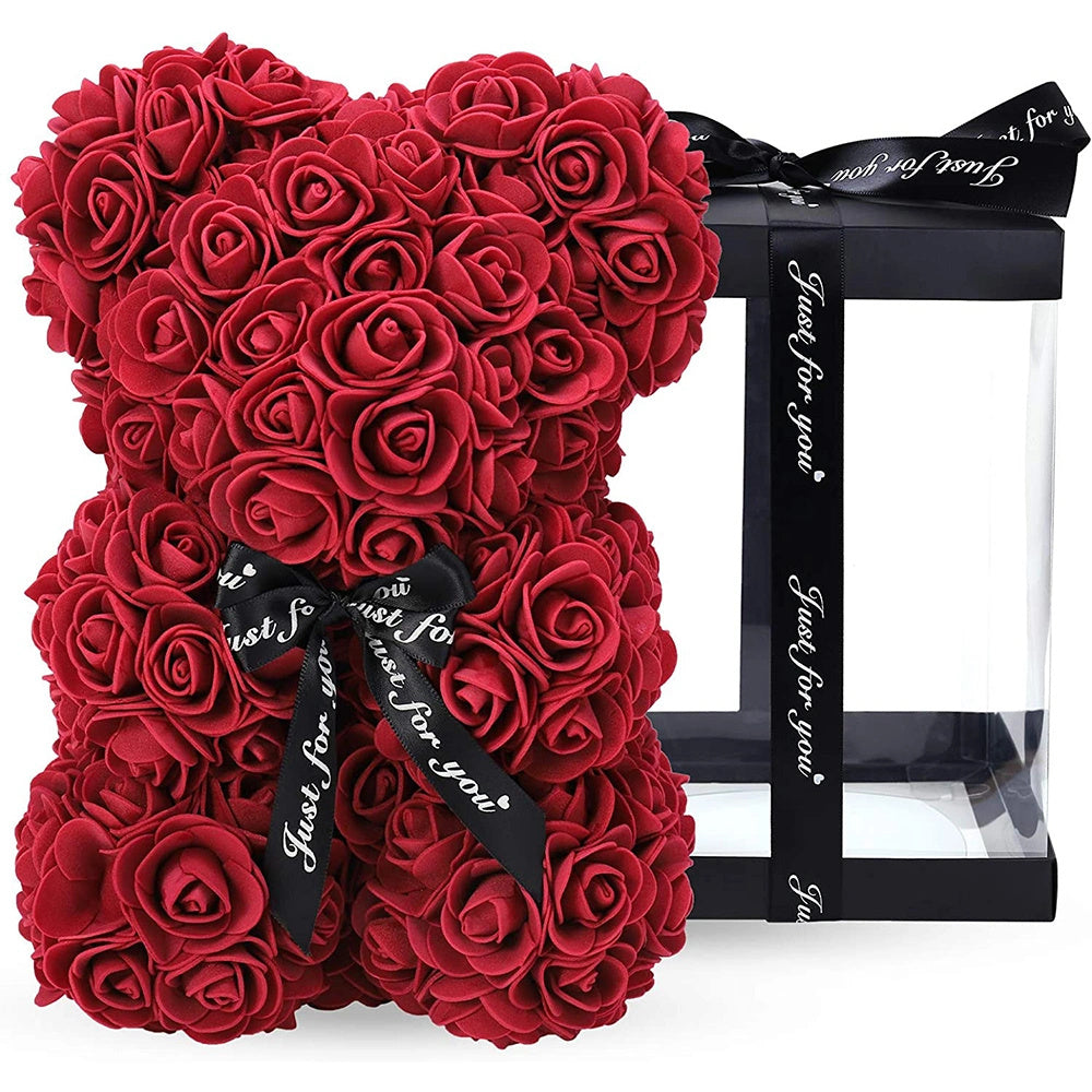 Rose Flower Bear w/Clear Gift Box 10 Inch (Red)