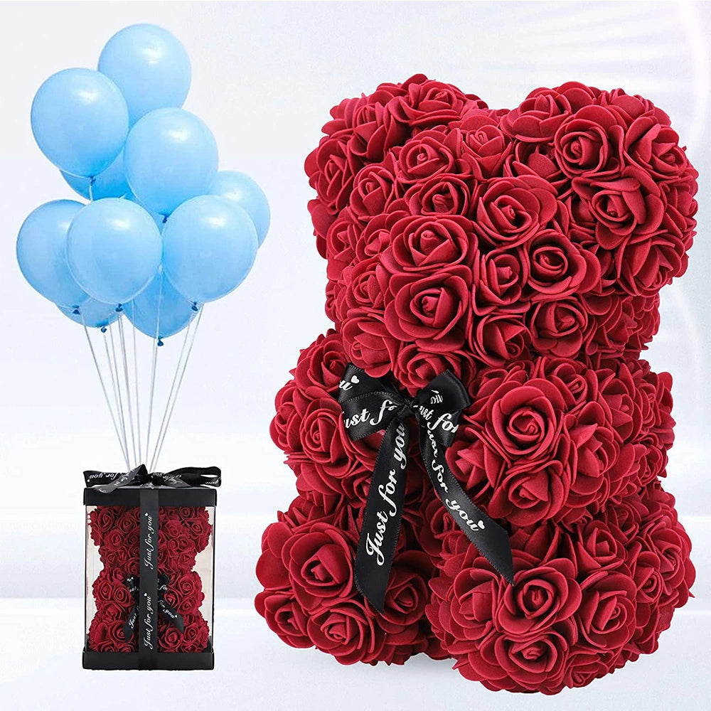 Rose Flower Bear w/Clear Gift Box 10 Inch (Red)