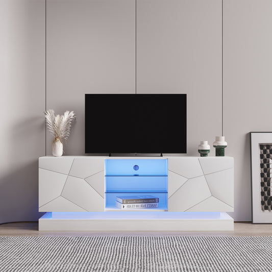 White TV Stand with Lights, Modern LED TV Cabinet with Storage Drawers.